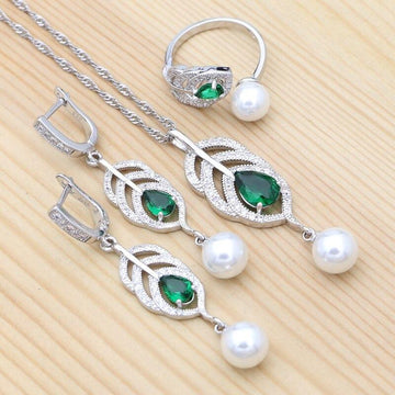 925 Silver Natural Green AAA+ Cubic Zirconia White Pearl Jewellery Set - The Jewellery Supermarket